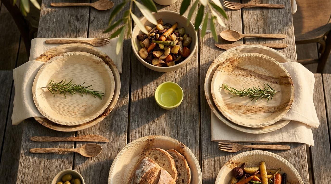 An elegant table setting featuring natural areca palm leaf plates on a reclaimed wooden surface.