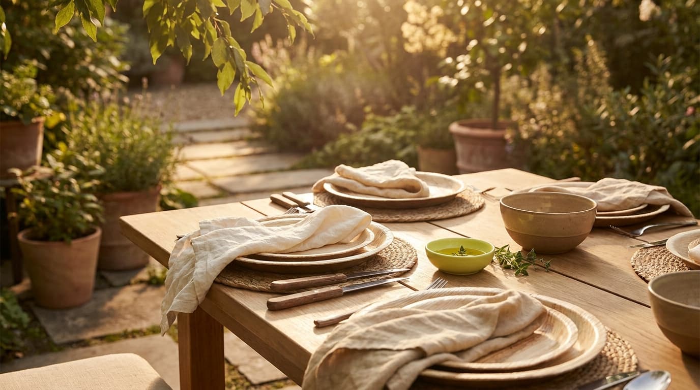 An elegant outdoor dinner setting with natural tableware on a wooden table.