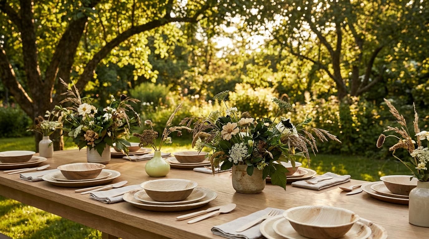 A beautifully laid rustic table set for an outdoor wedding with areca palm leaf plates and natural linen napkins.