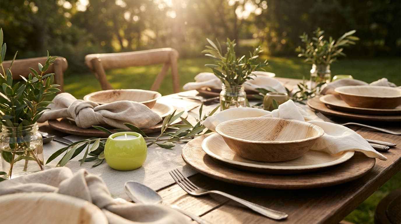 An elegantly set rustic wooden table featuring areca palm leaf plates and minimalist decor.