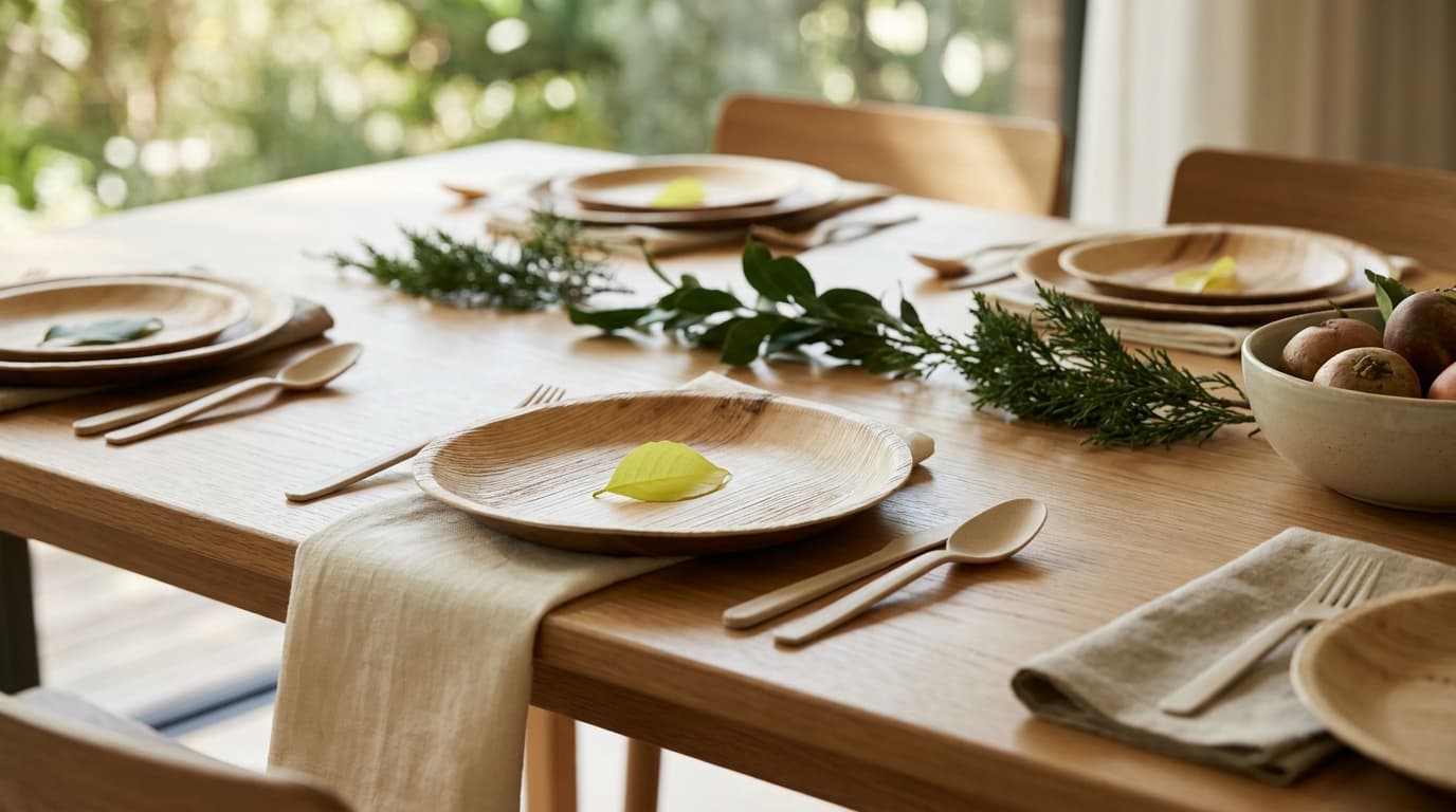 A minimalist, elegant table setting featuring areca palm leaf plates on a dark wooden table in natural light.
