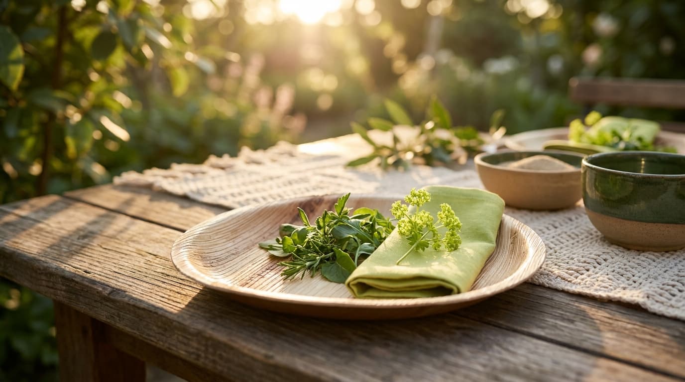A rustic, elegant table setting featuring natural areca palm leaf plates on a wooden surface.