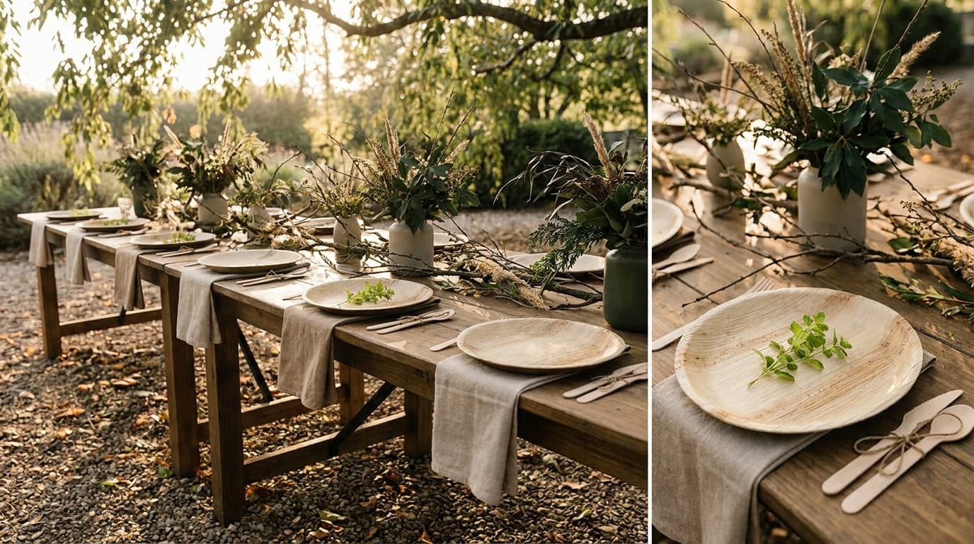 A beautifully laid table featuring areca palm leaf tableware in a natural, light-filled garden setting.