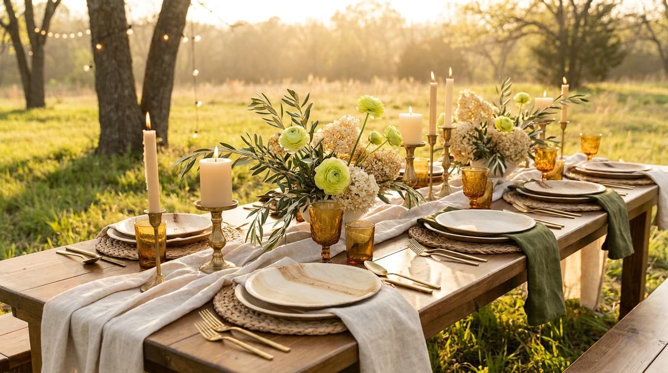 A long table set outdoors with Tilipan tableware