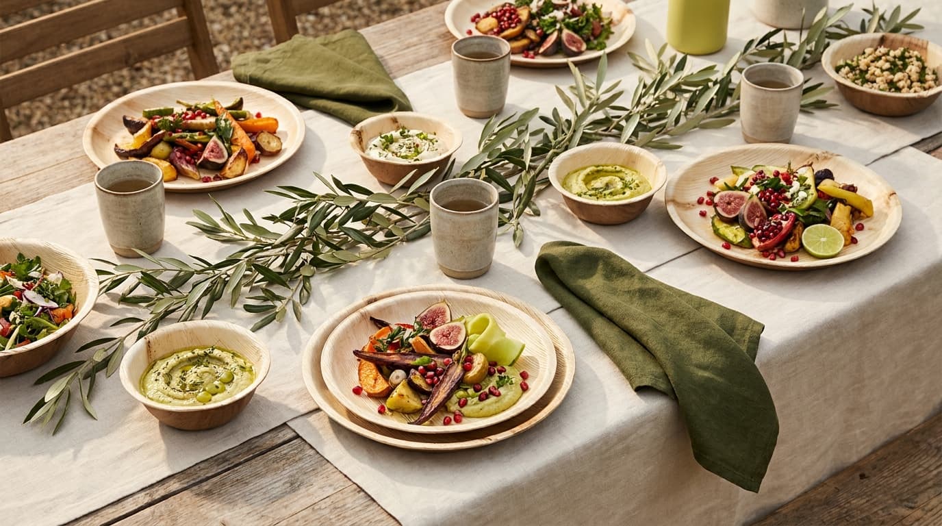 A table set with Tilipan areca palm-leaf plates and bowls