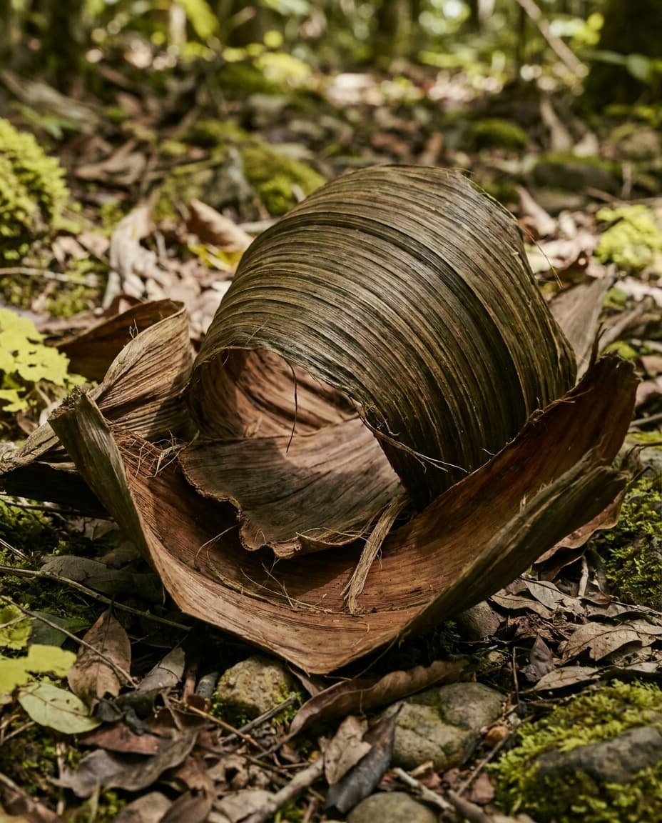 Fallen areca palm leaves on the forest floor